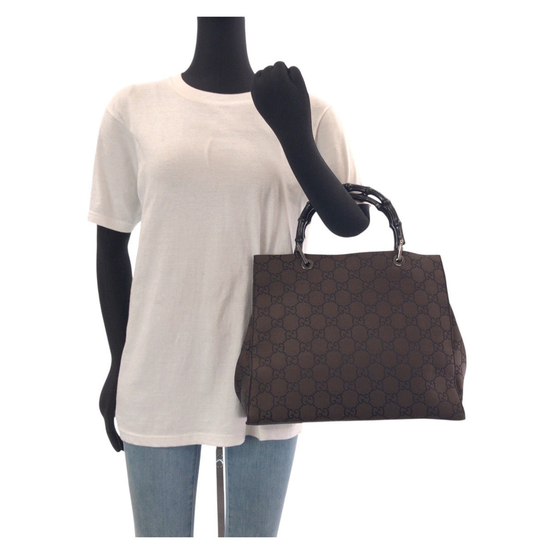 GUCCI Tote Bag 002 1010 2852 Nylon Brown Silver Metal Tote Bag handbag Bamboo GG pattern Women Used Authentic
