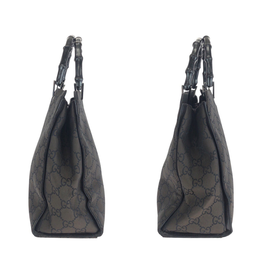GUCCI Tote Bag 002 1010 2852 Nylon Brown Silver Metal Tote Bag handbag Bamboo GG pattern Women Used Authentic