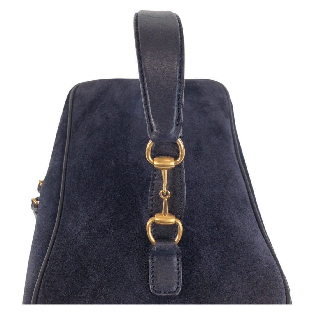 GUCCI Handbag 032 1705 0140 Suede Navy Gold Metal Handbag vanity bag Horsebit Women Used Authentic