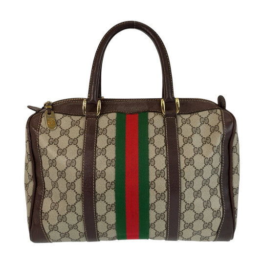 GUCCI Handbag GG Supreme canvas, leather Brown Beige Gold Metal Handbag Boston Duffel bag Sherry line Women Used Authentic