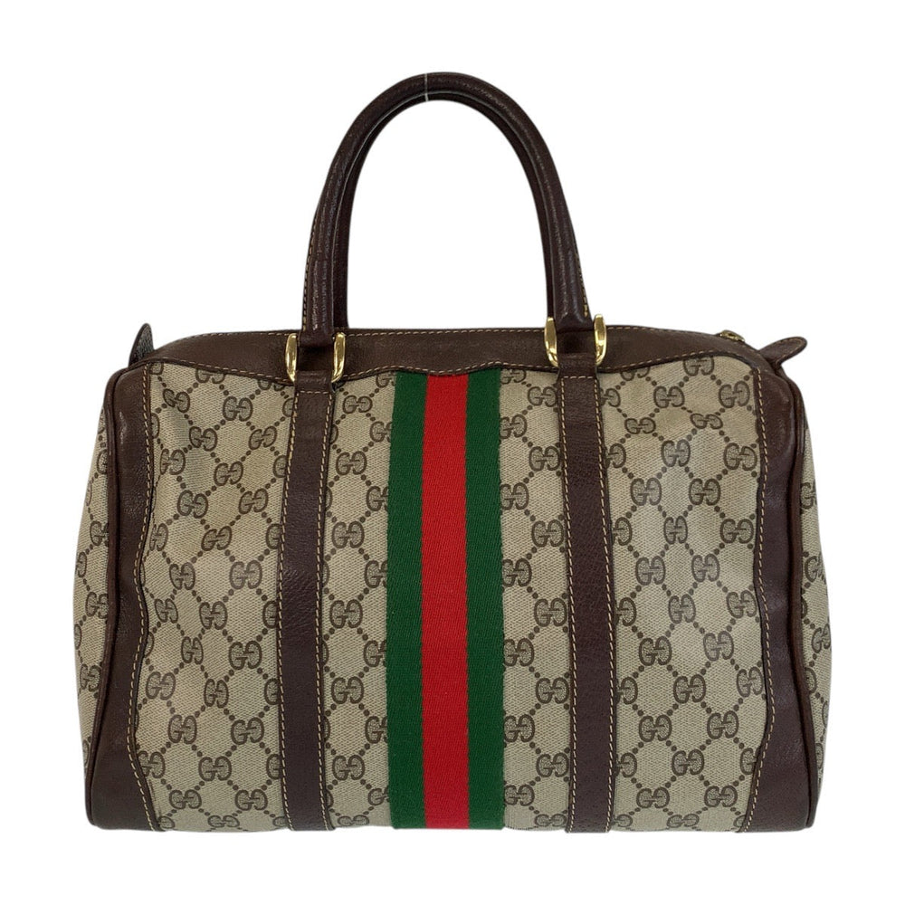 GUCCI Handbag GG Supreme canvas, leather Brown Beige Gold Metal Handbag Boston Duffel bag Sherry line Women Used Authentic