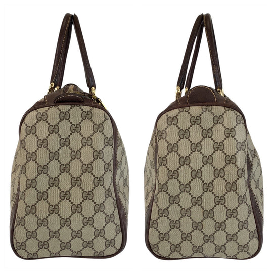 GUCCI Handbag GG Supreme canvas, leather Brown Beige Gold Metal Handbag Boston Duffel bag Sherry line Women Used Authentic