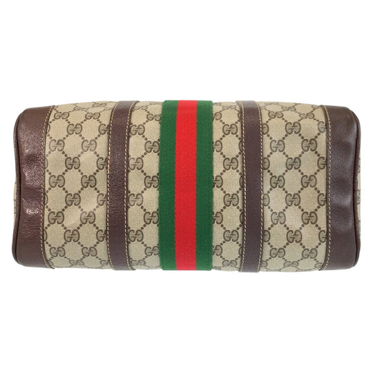 GUCCI Handbag GG Supreme canvas, leather Brown Beige Gold Metal Handbag Boston Duffel bag Sherry line Women Used Authentic