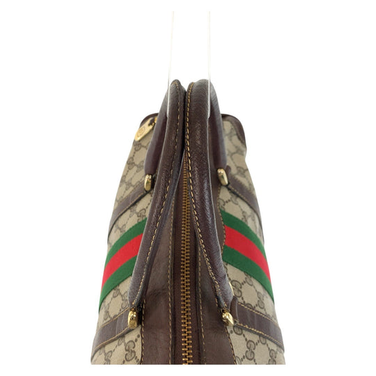 GUCCI Handbag GG Supreme canvas, leather Brown Beige Gold Metal Handbag Boston Duffel bag Sherry line Women Used Authentic