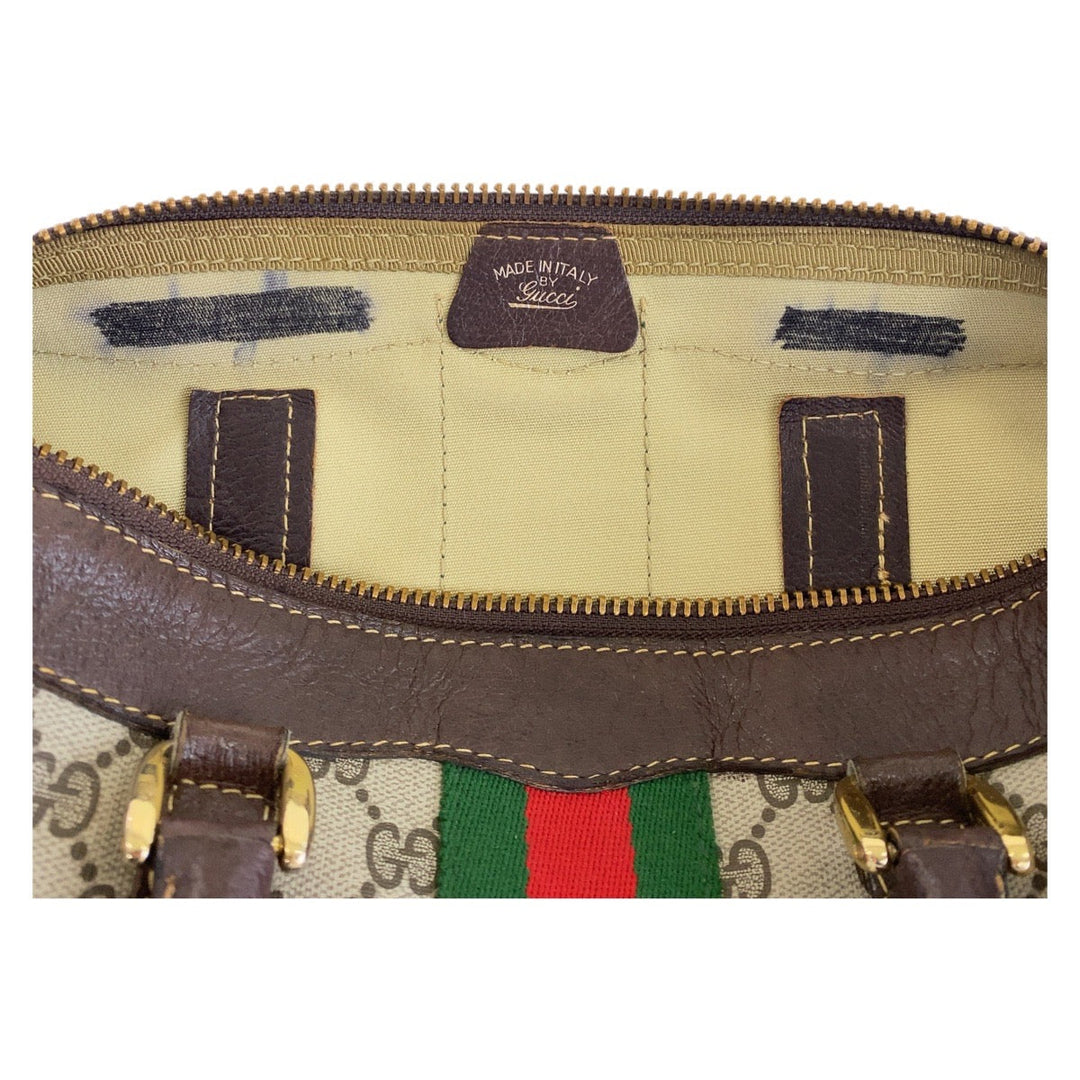 GUCCI Handbag GG Supreme canvas, leather Brown Beige Gold Metal Handbag Boston Duffel bag Sherry line Women Used Authentic