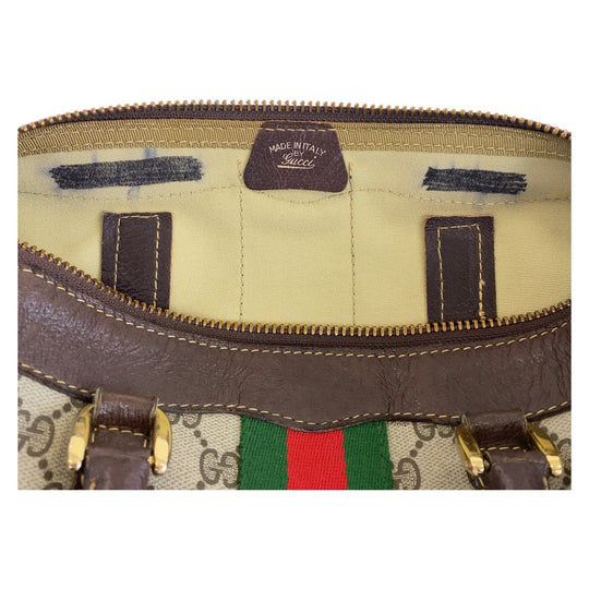 GUCCI Handbag GG Supreme canvas, leather Brown Beige Gold Metal Handbag Boston Duffel bag Sherry line Women Used Authentic