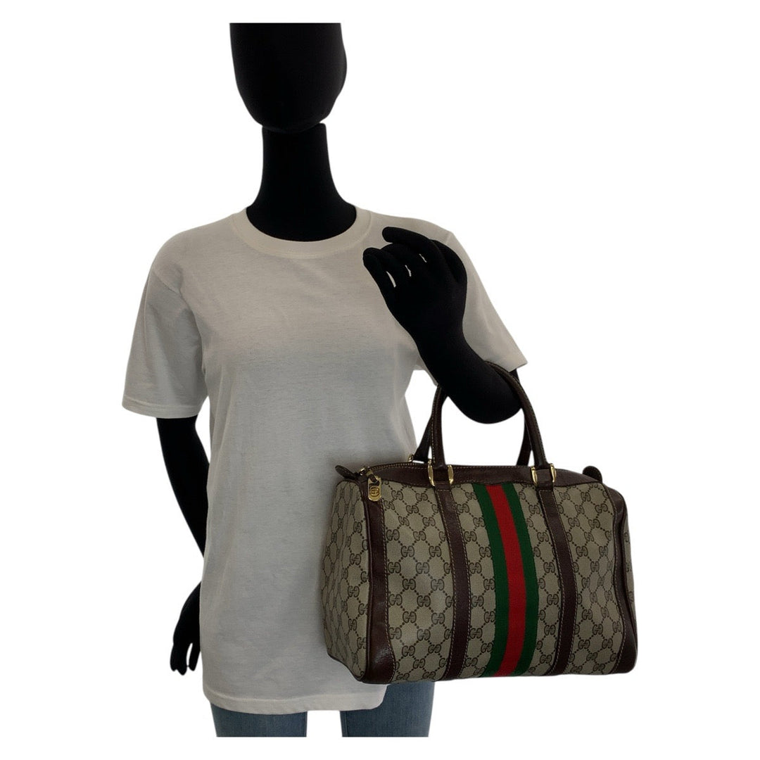 GUCCI Handbag GG Supreme canvas, leather Brown Beige Gold Metal Handbag Boston Duffel bag Sherry line Women Used Authentic