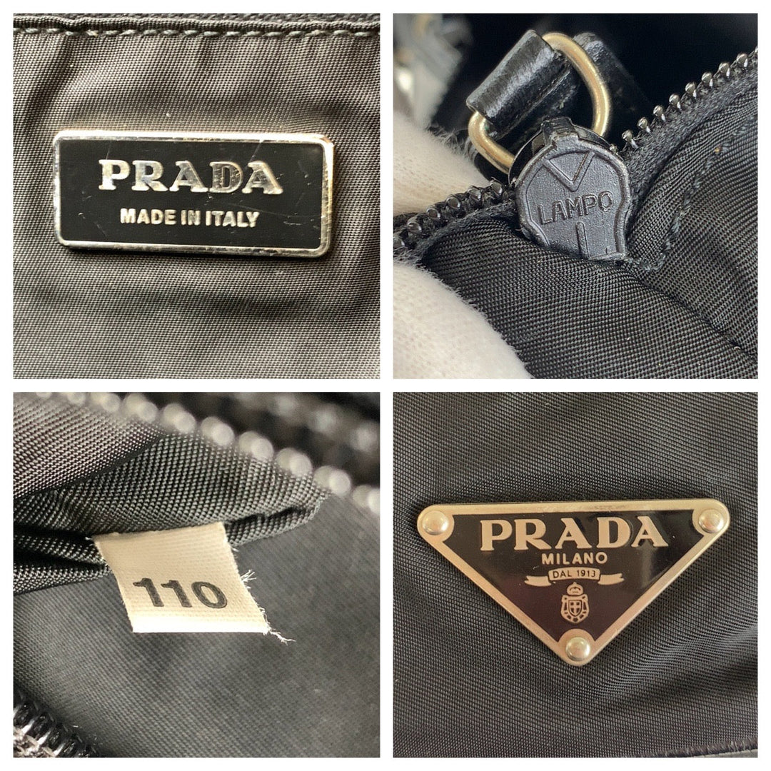 PRADA Tote Bag Nylon Black SilverMetal Tote Bag Shoulder Bag Business bag Test Triangle With logo Women Used Authentic