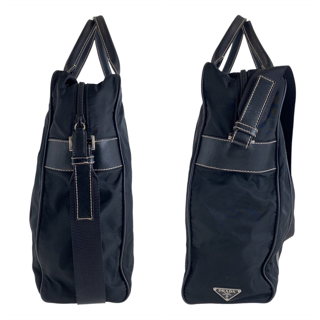 PRADA Tote Bag Nylon Black SilverMetal Tote Bag Shoulder Bag Business bag Test Triangle With logo Women Used Authentic