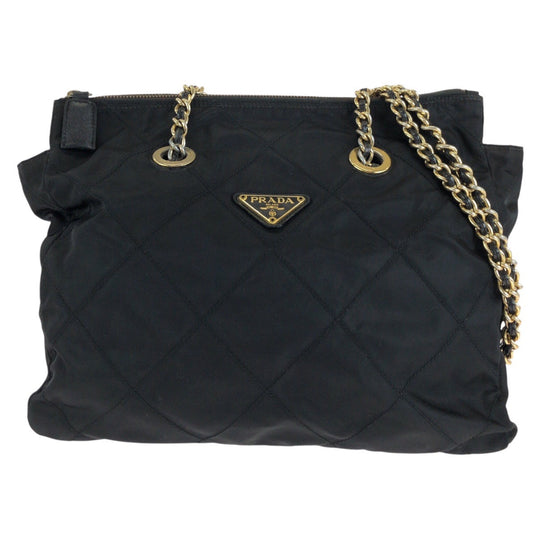PRADA Shoulder Bag Nylon Black GoldMetal ChainShoulder Bag Test Triangle with logo quilting Women Used Authentic