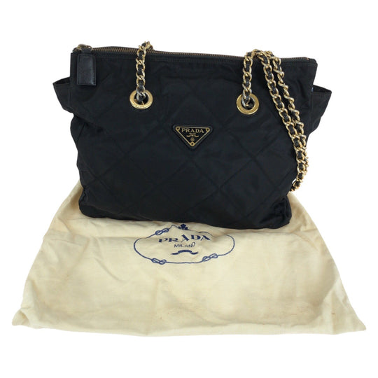 PRADA Shoulder Bag Nylon Black GoldMetal ChainShoulder Bag Test Triangle with logo quilting Women Used Authentic