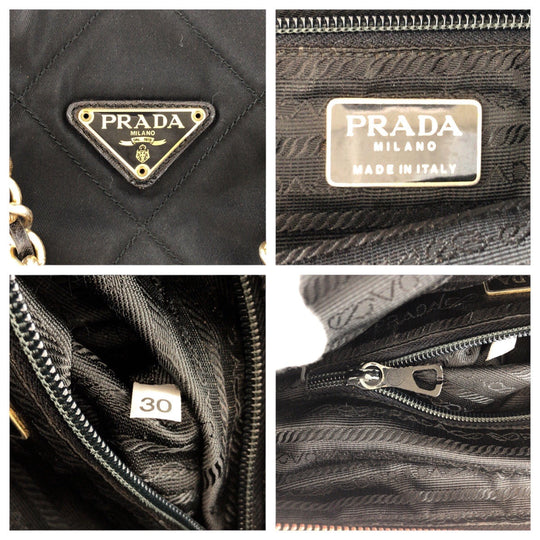 PRADA Shoulder Bag Nylon Black GoldMetal ChainShoulder Bag Test Triangle with logo quilting Women Used Authentic