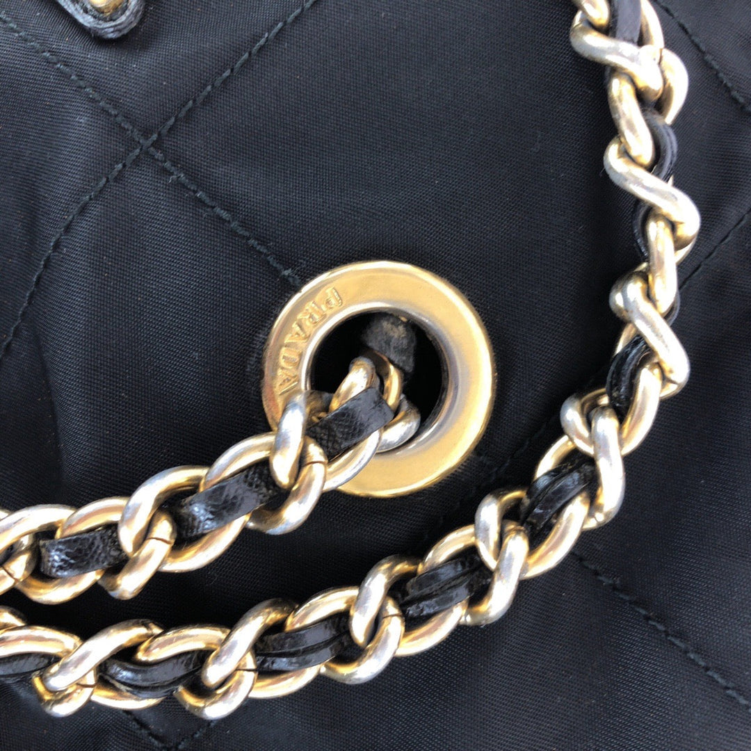 PRADA Shoulder Bag Nylon Black GoldMetal ChainShoulder Bag Test Triangle with logo quilting Women Used Authentic