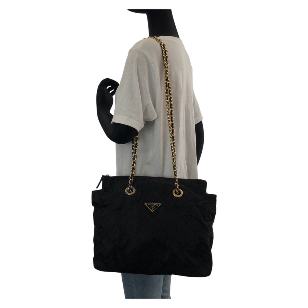 PRADA Shoulder Bag Nylon Black GoldMetal ChainShoulder Bag Test Triangle with logo quilting Women Used Authentic
