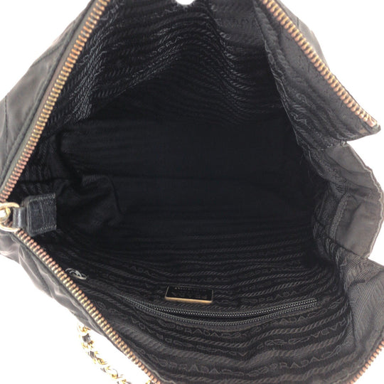 PRADA Shoulder Bag Nylon Black GoldMetal ChainShoulder Bag Test Triangle with logo quilting Women Used Authentic