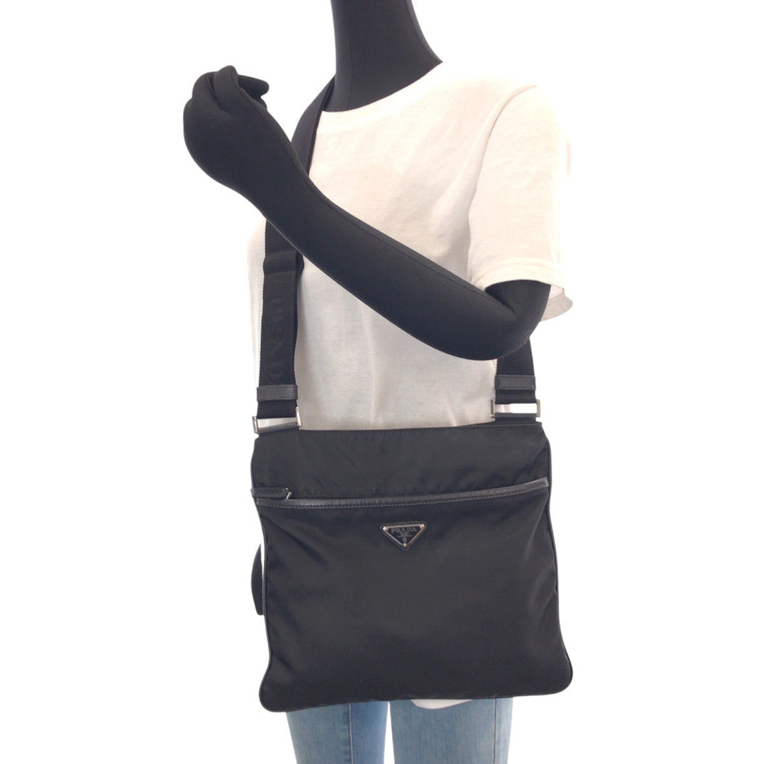 PRADA Shoulder Bag Nylon Black SilverMetal Crossbody Shoulder Bag Test Triangle With logo Women Used Authentic