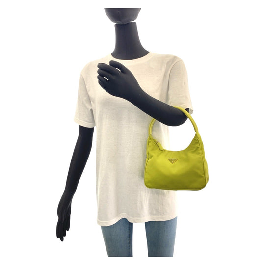 PRADA Handbag Nylon Green GoldMetal Hobo Accessory Pouch Handbag Test Triangular plate Women Used Authentic