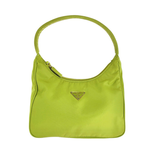 PRADA Handbag Nylon Green GoldMetal Hobo Accessory Pouch Handbag Test Triangular plate Women Used Authentic