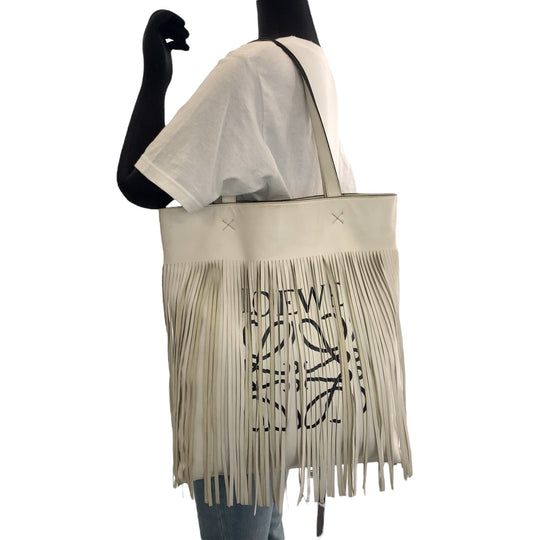 LOEWE Tote Bag leather White black Tote Bag Shoulder Bag anagram Logo Design Bar Tikal Fringe Women Used Authentic