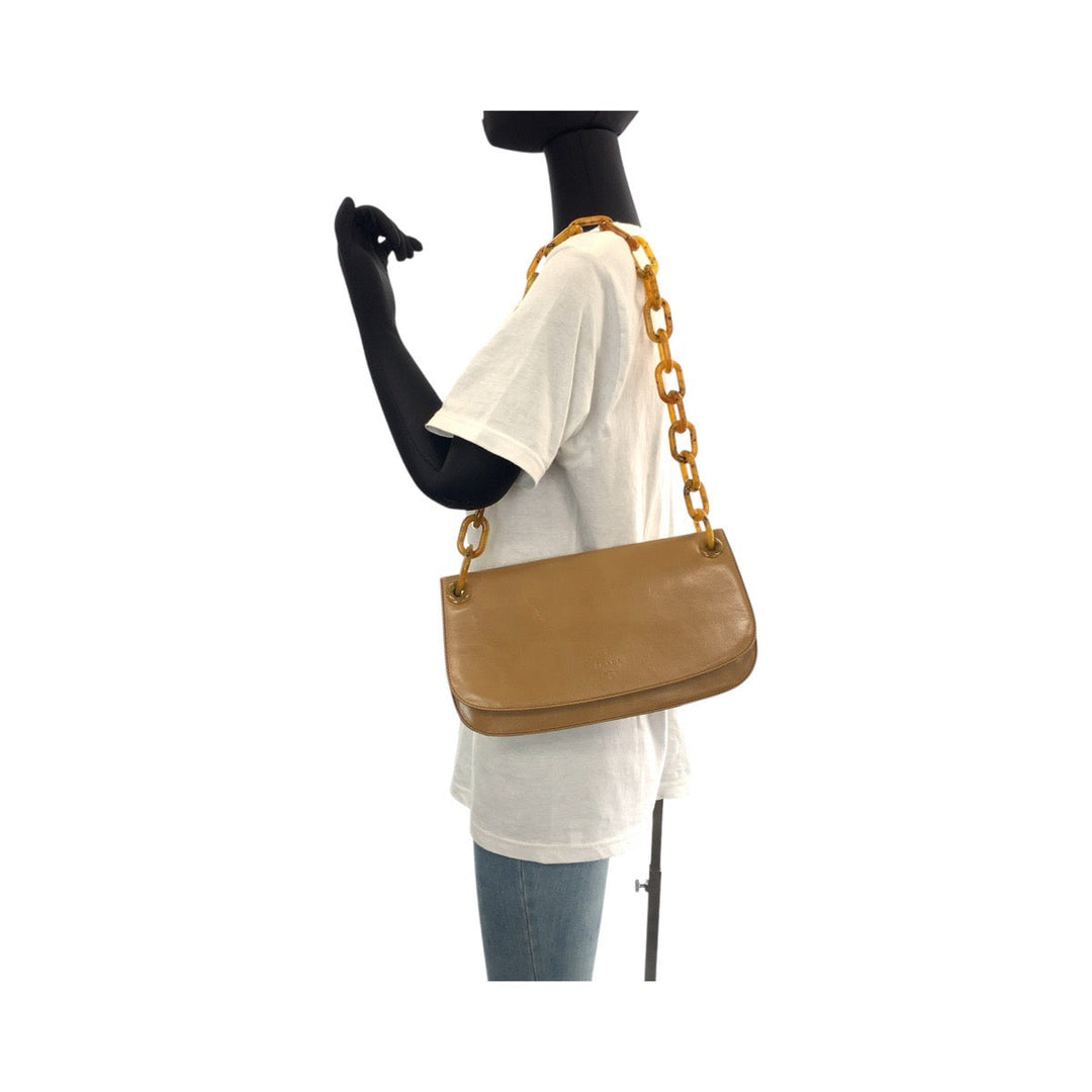 PRADA Shoulder Bag Leather, Plastic Brown SilverMetal Plastic Chain Shoulder Bag Women Used Authentic