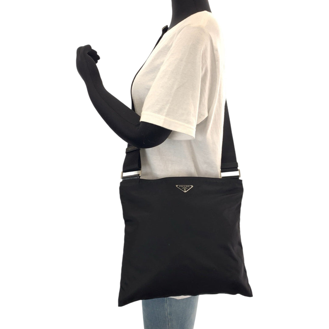 PRADA Shoulder Bag Nylon Black SilverMetal Shoulder Bag pochette Test Triangle With logo mens Used Authentic