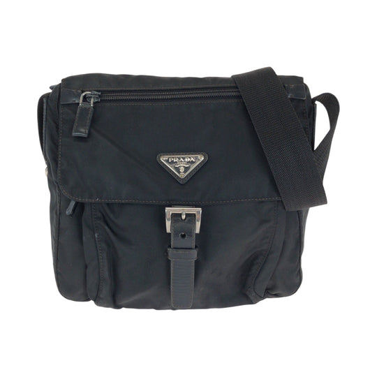PRADA Shoulder Bag Nylon Black SilverMetal Shoulder Bag pochette Test Triangle With logo Women Used Authentic