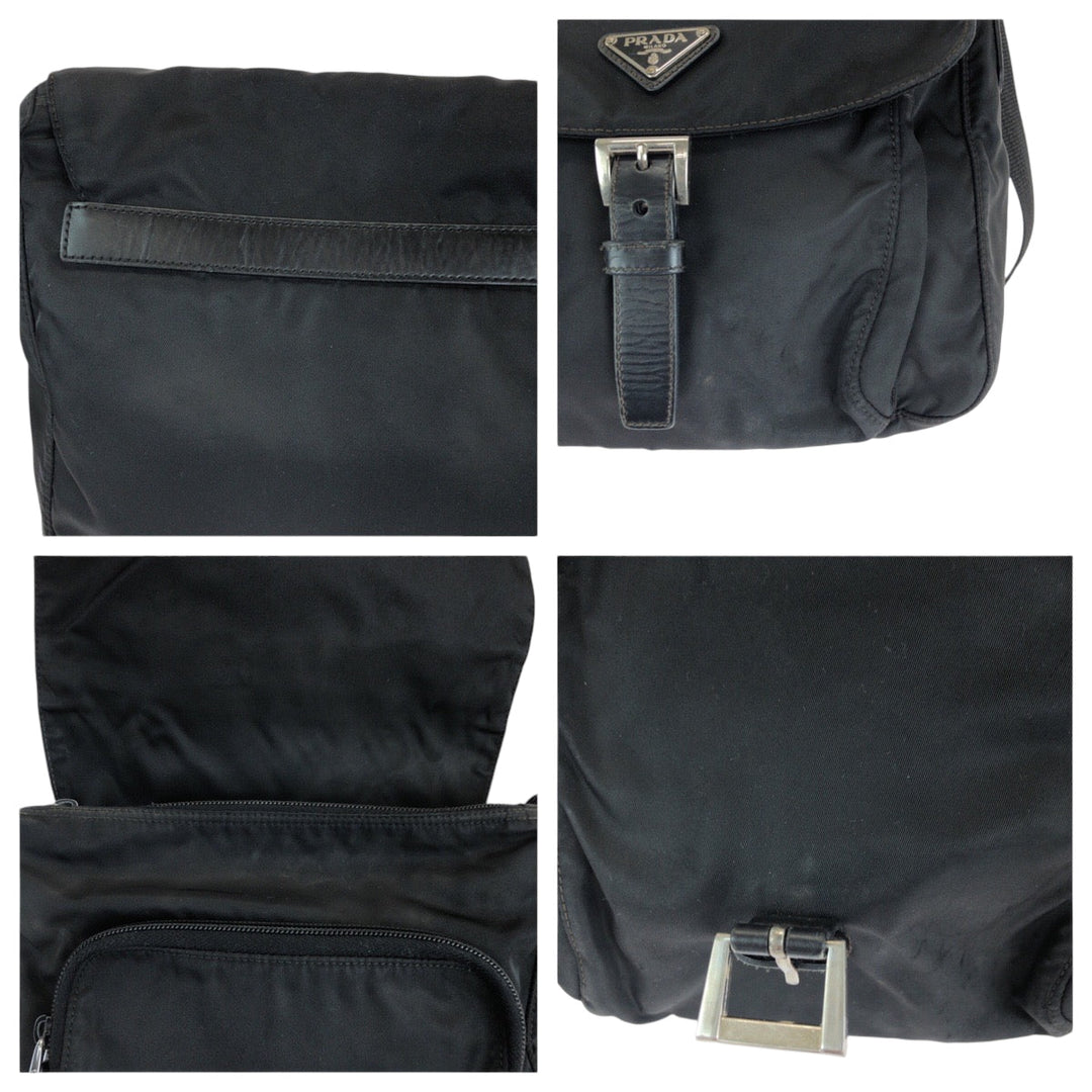 PRADA Shoulder Bag Nylon Black SilverMetal Shoulder Bag pochette Test Triangle With logo Women Used Authentic
