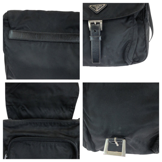 PRADA Shoulder Bag Nylon Black SilverMetal Shoulder Bag pochette Test Triangle With logo Women Used Authentic