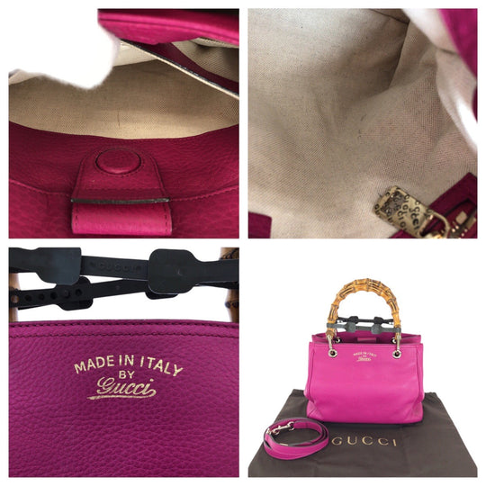 GUCCI Tote Bag 336032 leather Pink Gold Metal Tote Bag Shoulder Bag 2way Bamboo small shopper Women Used Authentic