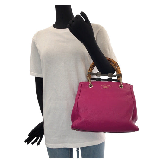 GUCCI Tote Bag 336032 leather Pink Gold Metal Tote Bag Shoulder Bag 2way Bamboo small shopper Women Used Authentic