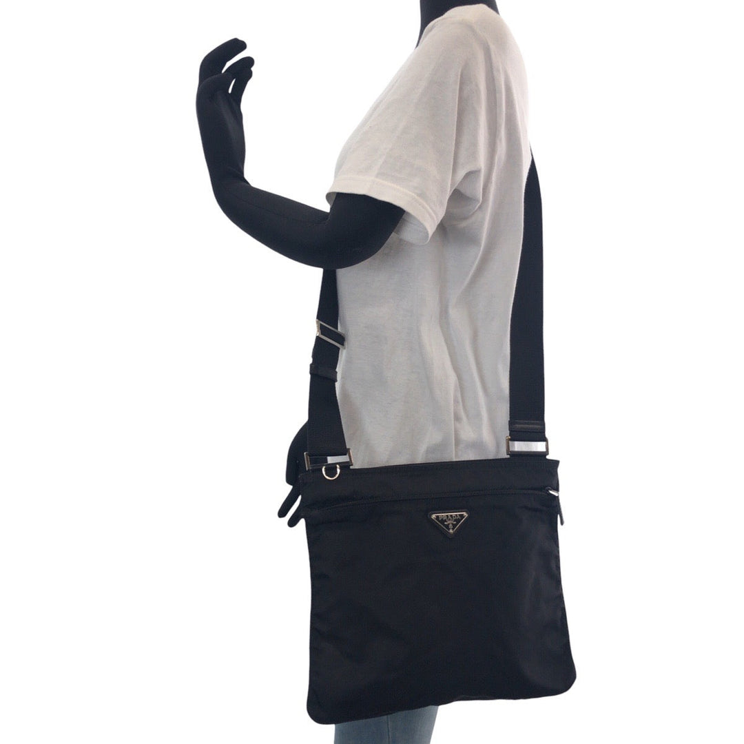 PRADA Shoulder Bag Nylon Black SilverMetal Crossbody Shoulder Bag Unisex Test Triangle With logo Women Used Authentic