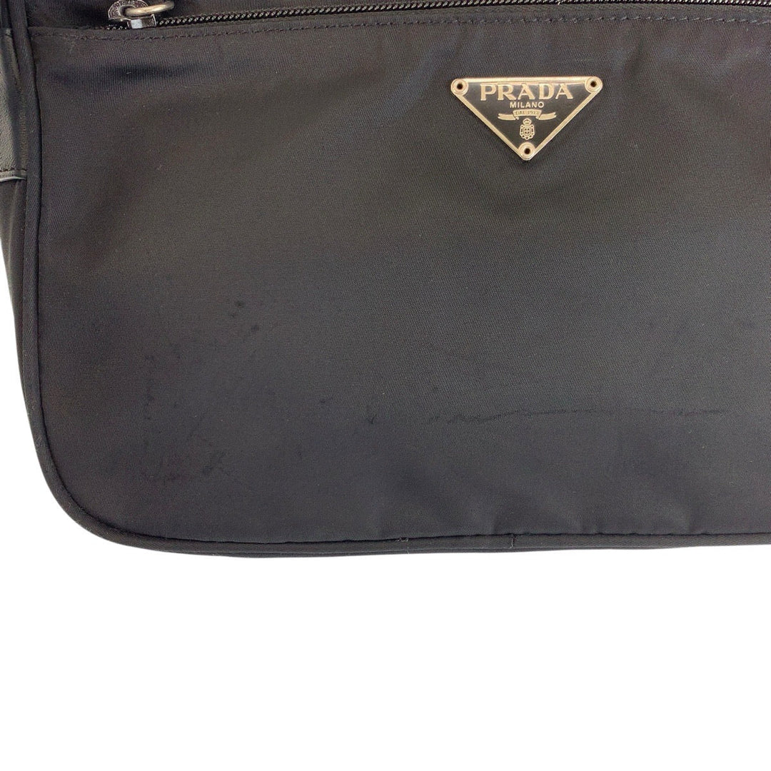 PRADA Shoulder Bag Nylon Black SilverMetal Shoulder Bag pochette Test Triangle With logo Women Used Authentic