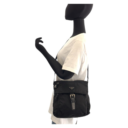 PRADA Shoulder Bag Nylon Black SilverMetal Shoulder Bag Messenger bag Test Triangle With logo Women Used Authentic