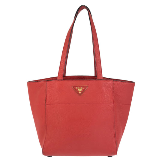 PRADA Tote Bag leather Red Gold Metal Tote Bag Shoulder Bag Triangle With logo Women Used Authentic