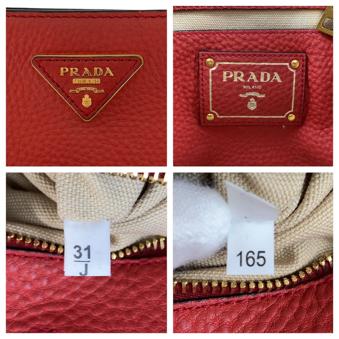 PRADA Tote Bag leather Red Gold Metal Tote Bag Shoulder Bag Triangle With logo Women Used Authentic