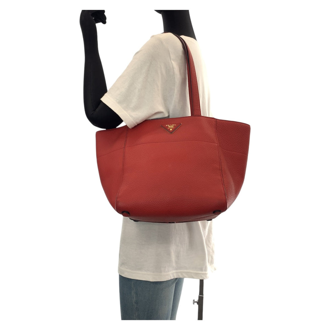 PRADA Tote Bag leather Red Gold Metal Tote Bag Shoulder Bag Triangle With logo Women Used Authentic