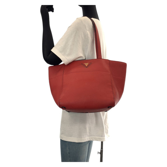 PRADA Tote Bag leather Red Gold Metal Tote Bag Shoulder Bag Triangle With logo Women Used Authentic