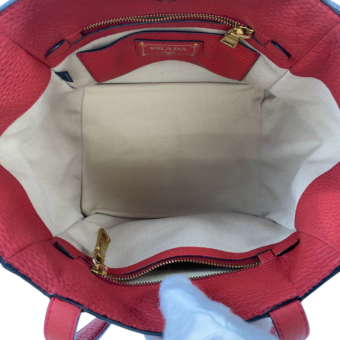 PRADA Tote Bag leather Red Gold Metal Tote Bag Shoulder Bag Triangle With logo Women Used Authentic