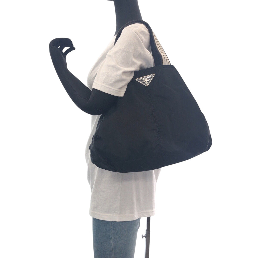 PRADA Tote Bag Nylon BlackSilverMetal Tote Bag handbag Test Triangle With logo Women Used Authentic