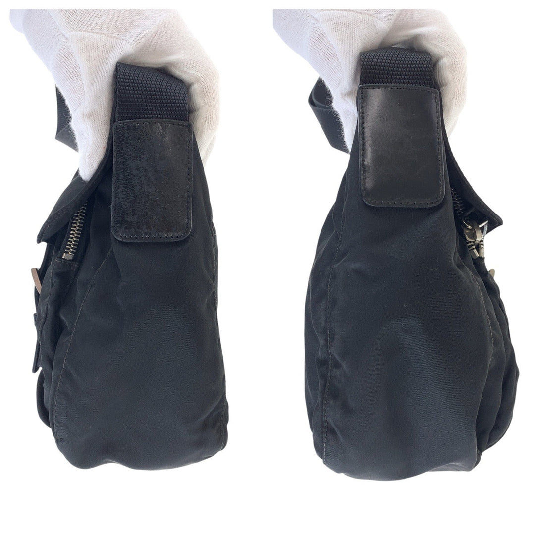PRADA Shoulder Bag Nylon, Leather Black SilverMetal Shoulder Bag pochette Test Triangle With logo Women Used Authentic