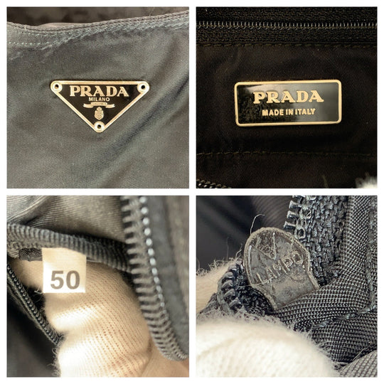 PRADA Tote Bag Nylon, Leather Black SilverMetal Tote Bag Shoulder Bag Test Triangle With logo Women Used Authentic