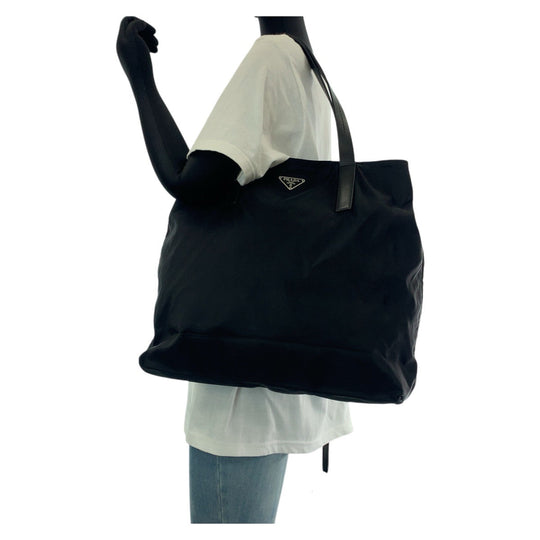 PRADA Tote Bag Nylon, Leather Black SilverMetal Tote Bag Shoulder Bag Test Triangle With logo Women Used Authentic