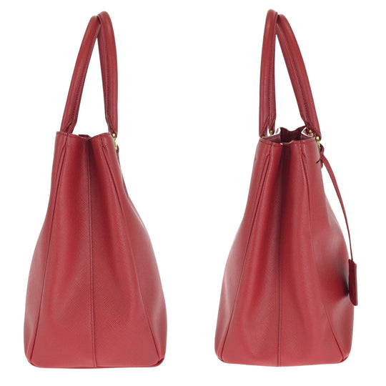 PRADA Tote Bag leather Red Gold Metal Tote Bag handbag Galleria Saffiano Triangle With logo Women Used Authentic