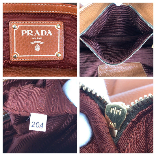PRADA Tote Bag leather Brown Gold Metal Tote Bag Shoulder Bag 2way Vitterodino Women Used Authentic