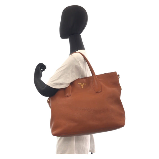 PRADA Tote Bag leather Brown Gold Metal Tote Bag Shoulder Bag 2way Vitterodino Women Used Authentic