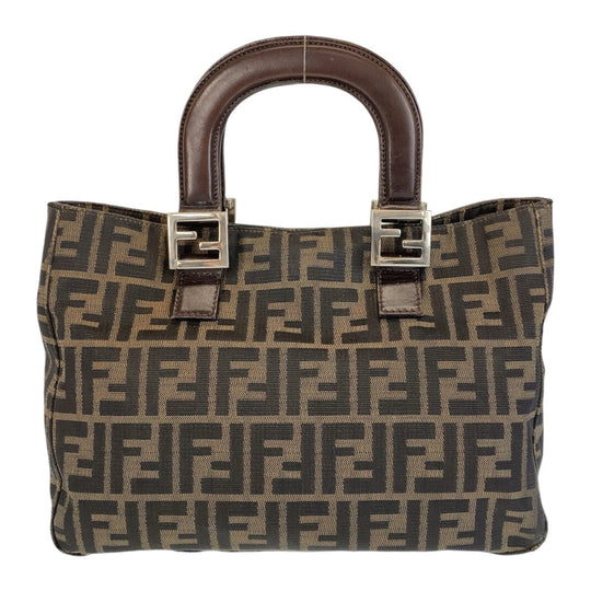 FENDI Tote Bag Canvas, Leather Brown Silver Metal Tote Bag handbag Zucca Women Used Authentic