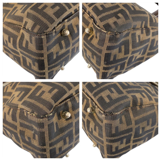 FENDI Tote Bag Canvas, Leather Brown Silver Metal Tote Bag handbag Zucca Women Used Authentic