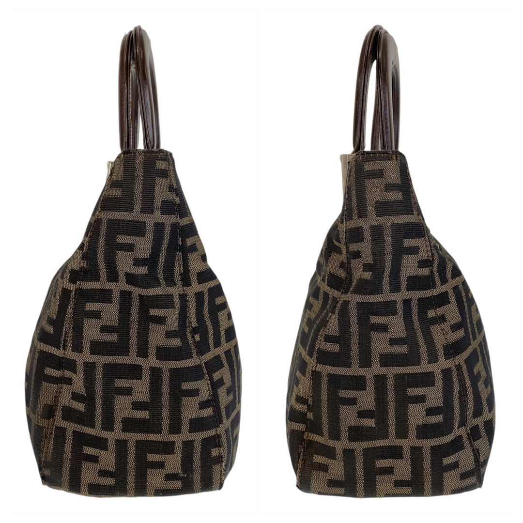 FENDI Tote Bag Canvas, Leather Brown Silver Metal Tote Bag handbag Zucca Women Used Authentic
