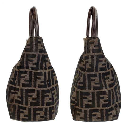 FENDI Tote Bag Canvas, Leather Brown Silver Metal Tote Bag handbag Zucca Women Used Authentic
