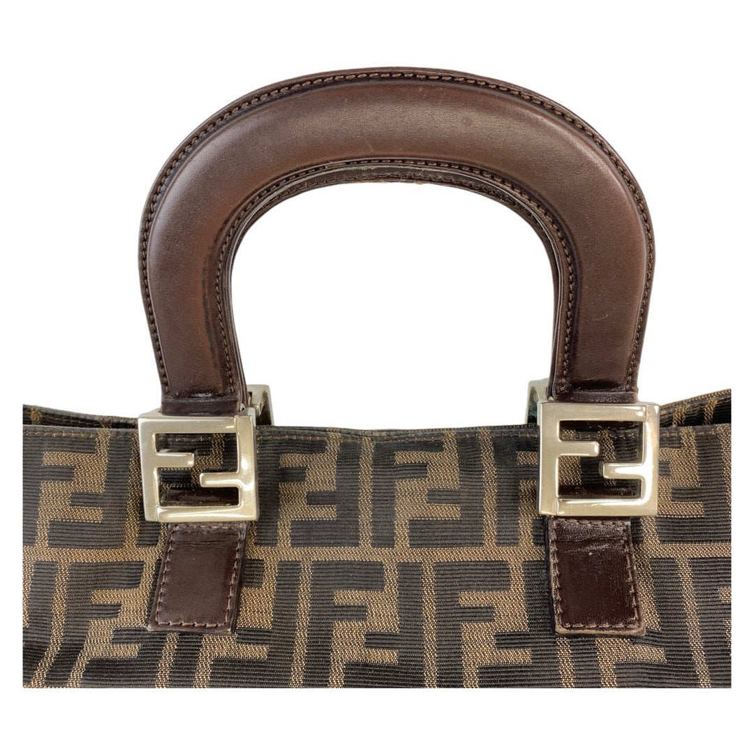 FENDI Tote Bag Canvas, Leather Brown Silver Metal Tote Bag handbag Zucca Women Used Authentic